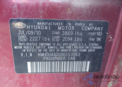 2010 Hyundai Elantra Gls from USA, damaged, VIN KMHDU4AD0AU153563